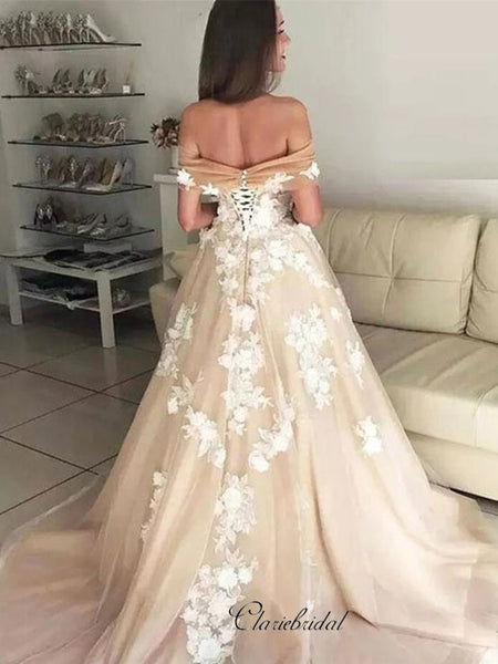 Champagne Off Shoulder Prom Dresses, A-line Lace Long Prom Dresses, 2020 Prom Dresses