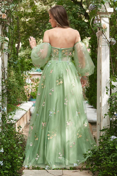 Corset Green Floral A-line Prom Dresses With Detachable Sleeves, Popular 2023 Prom Dresses, Beachy Prom Dresses