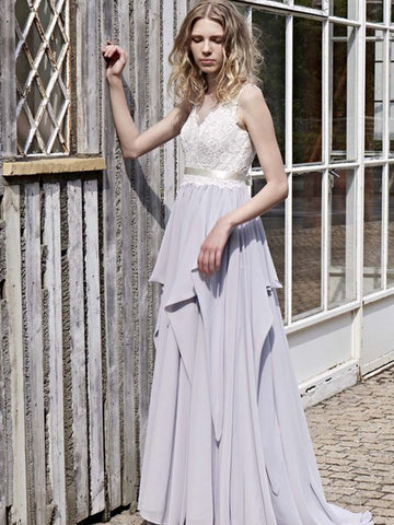 Lace Top Chiffon A-line Wedding Dresses, Long Wedding Dresses, Simple Wedding Dresses