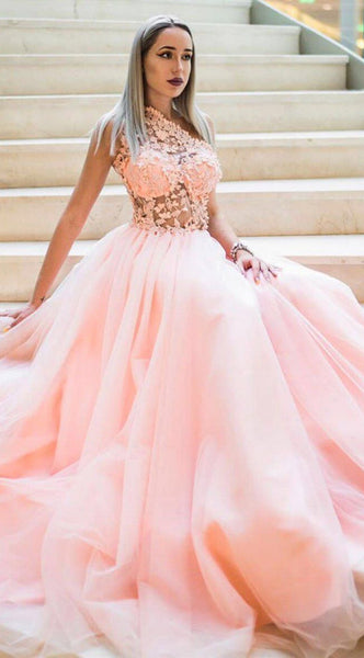 One Shoulder Lace Long Prom Dresses, Pink A-line Newest Prom Dresses 2020