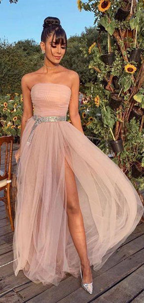 Simple Tulle Prom Dresses Long, Strapless Prom Dresses, Side Slit Prom Dresses