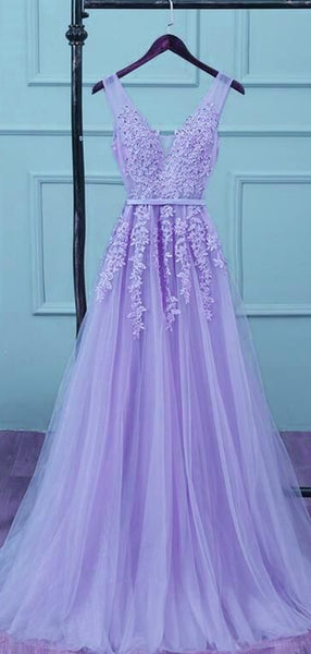 A-line Lace Prom Dresses, V-neck 2020 Prom Dresses, Popular Long Prom Dresses