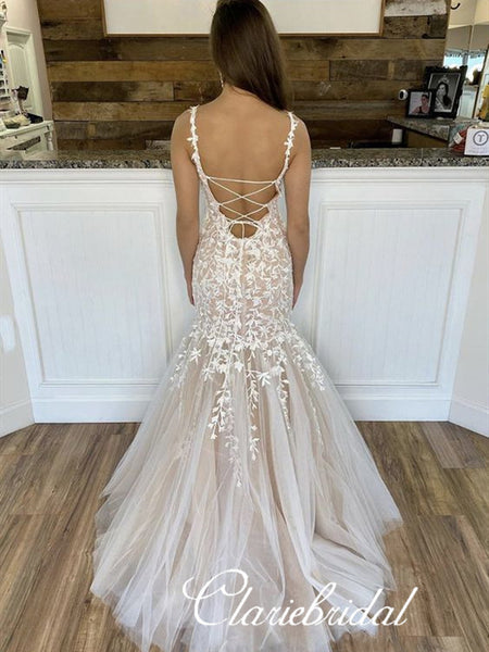 Staps Lace Tulle Prom Dresses, Lovely Ivory Prom Dresses, Lace Up Prom Dresses