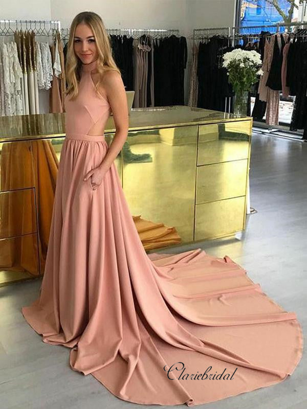 Unique Halter Design Prom Dresses, A-line Long Prom Dresses, Fancy Prom Dresses