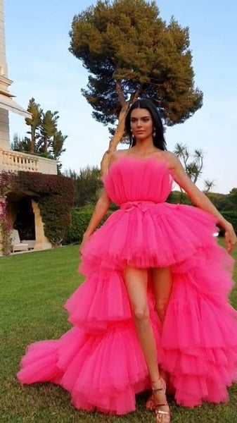 Kendall Jenner Inspired Hot Pink Tulle Prom Dresses, Detachable Tulle Skirt Prom Dresses, Long Prom Dresses, 2021 Prom Dresses