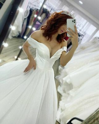 Off Shoulder Long A-line Wedding Dresses, Satin Top Shiny Wedding Dresses, Bridal Gown