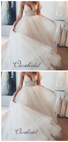 Beaded Spaghetti Sexy V-neck Long A-line White Organza Wedding Party Dresses