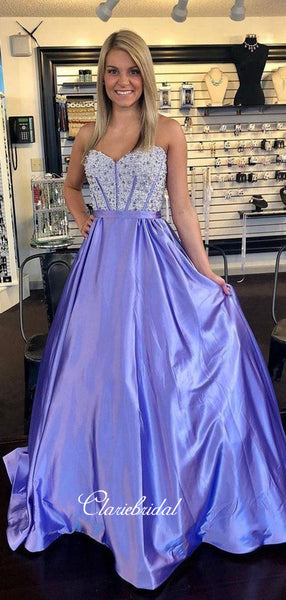Satin A-line Long Prom Dresses, Strapless Beaded Party Prom Dresses