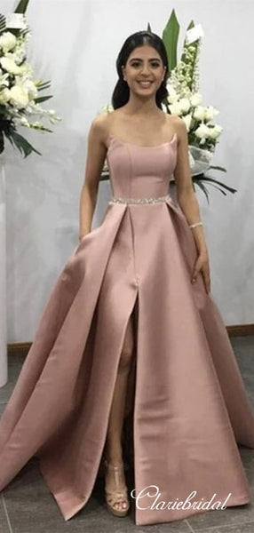Strapless A-line Satin Long Prom Dresses, Slit Beaded Newest Party Prom Dresses