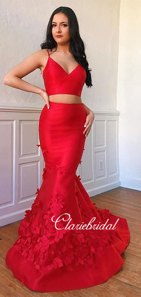 Two Pieces Appliques Long Prom Dresses, Mermaid Prom Dresses