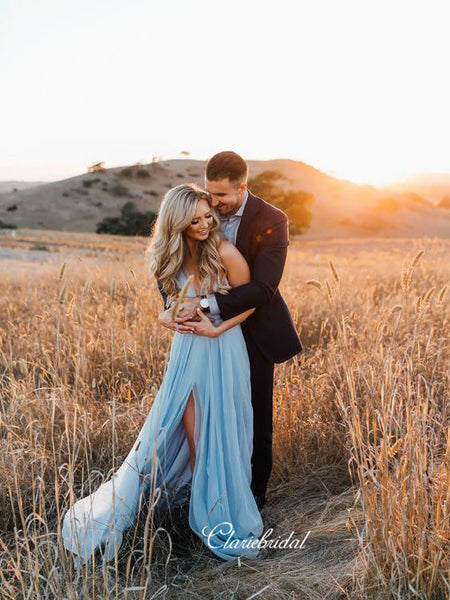 Light Blue Simple Wedding Dresses, Spaghetti Straps A-line Wedding Dresses