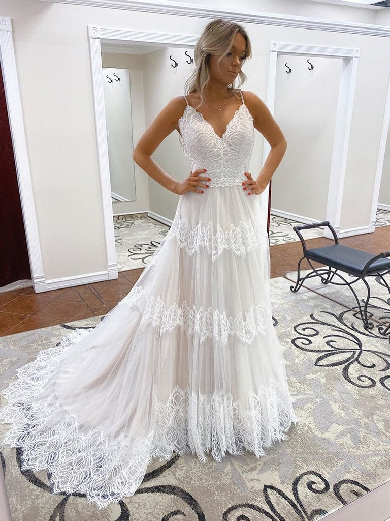 Spaghetti Long A-line Ivory Lace Tulle Wedding Dresses, Popular Wedding Dresses, Bridal Gown