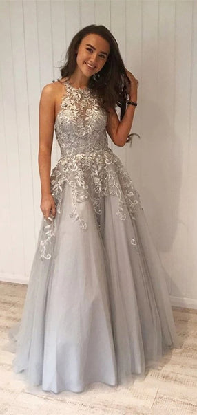 Grey Lace Formal Graduation Evening Dresses, A-line Lace 2021 Long Prom Dresses