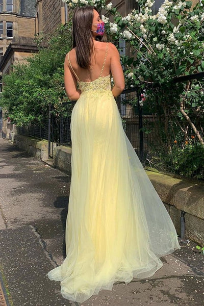 Popular V-neck Lace 2021 Long Prom Dresses, Side Slit Newest Evening Party Dresses