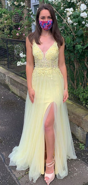 Popular V-neck Lace 2021 Long Prom Dresses, Side Slit Newest Evening Party Dresses