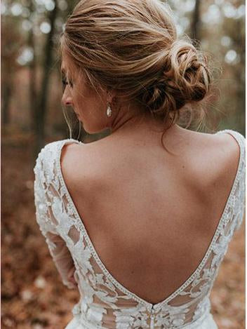 Deep V-neck Long Sleeves Lace Tulle Wedding Dresses, Country Wedding Dresses, Bridal Gown