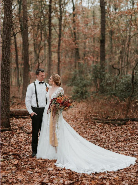 Deep V-neck Long Sleeves Lace Tulle Wedding Dresses, Country Wedding Dresses, Bridal Gown