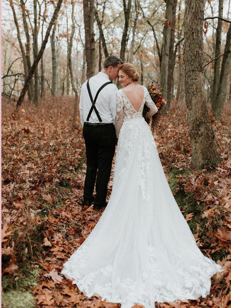 Deep V-neck Long Sleeves Lace Tulle Wedding Dresses, Country Wedding Dresses, Bridal Gown