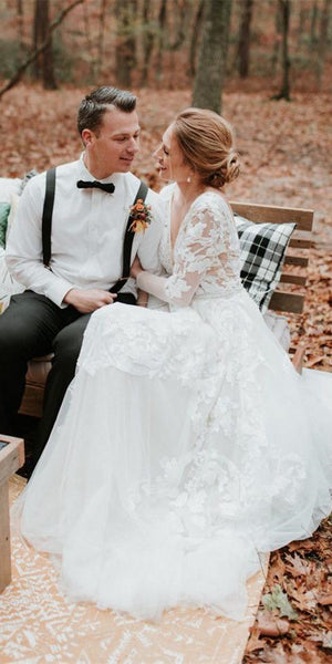 Deep V-neck Long Sleeves Lace Tulle Wedding Dresses, Country Wedding Dresses, Bridal Gown