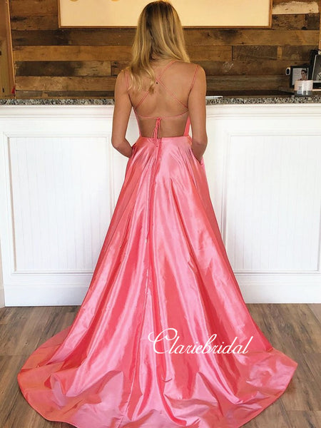Lovely Long A-line Side Slit Prom Dresses, Pink Satin Prom Dresses, Simple Long Prom Dresses