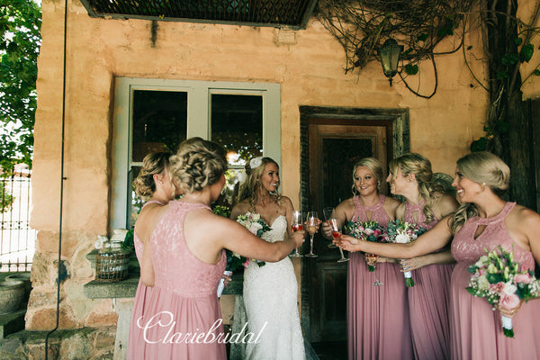 Pink Lace Top Chiffon Bridesmaid Dresses, Affordable Bridesmaid Dresses