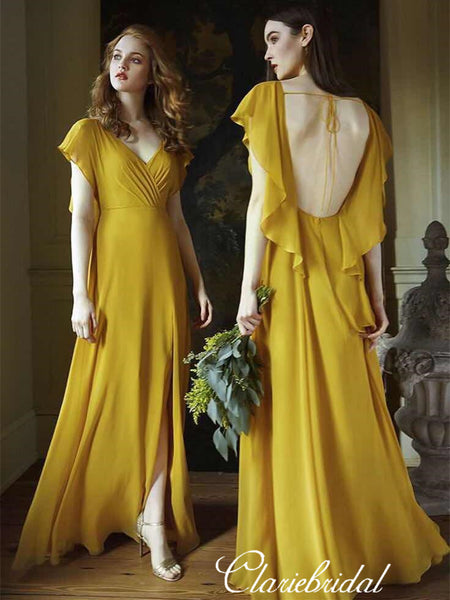 Mismatched Ginger Yellow A-line Chiffon Long Bridesmaid Dresses