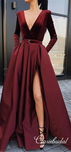 Velvet Top Long A-line Satin Prom Dresses, Long Sleeves Prom Dresses, Popular Long Prom Dresses