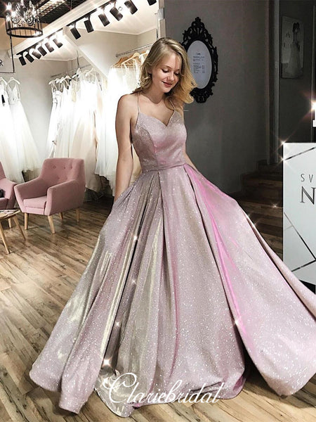 Spaghetti Long A-line Shemmering Fabric Prom Dresses, 2020 Prom Dresses, Long Prom Dresses, V-neck Prom Dresses
