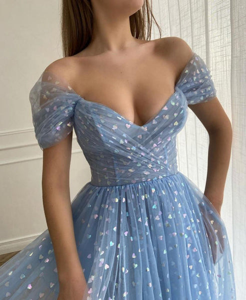 Off Shoulder Tea Length A-line Prom Dresses, Blue Tiny Heart Long Princess Dresses, 2022 Prom Dresses, Newest Affordable Prom Dresses