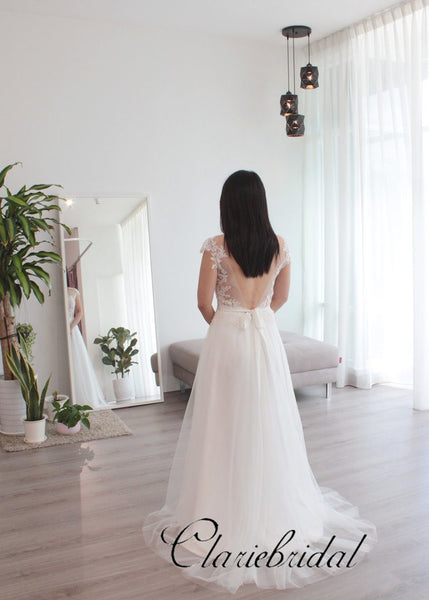 Cap Sleeves A-line Simple Lace Tulle Wedding Dresses