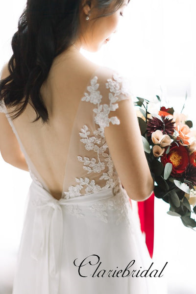 Cap Sleeves A-line Simple Lace Tulle Wedding Dresses