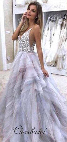 Newest Rhinestone V-neck Prom Dresses, Sexy Beaded Prom Dresses