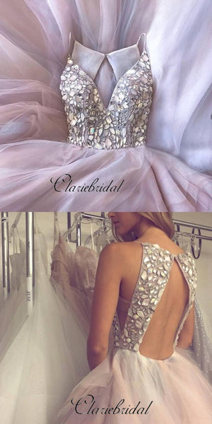 Newest Rhinestone V-neck Prom Dresses, Sexy Beaded Prom Dresses