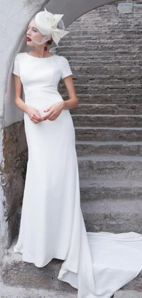 Chic Scoop Neck Bridal Gowna, Cap Sleeves Long Wedding Dresses,