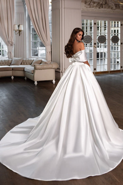 Off Shoulder Ivory Satin Wedding Dresses, A-line Wedding Dresses, Elegant Wedding Dresses With Long Train, Bridal Gown