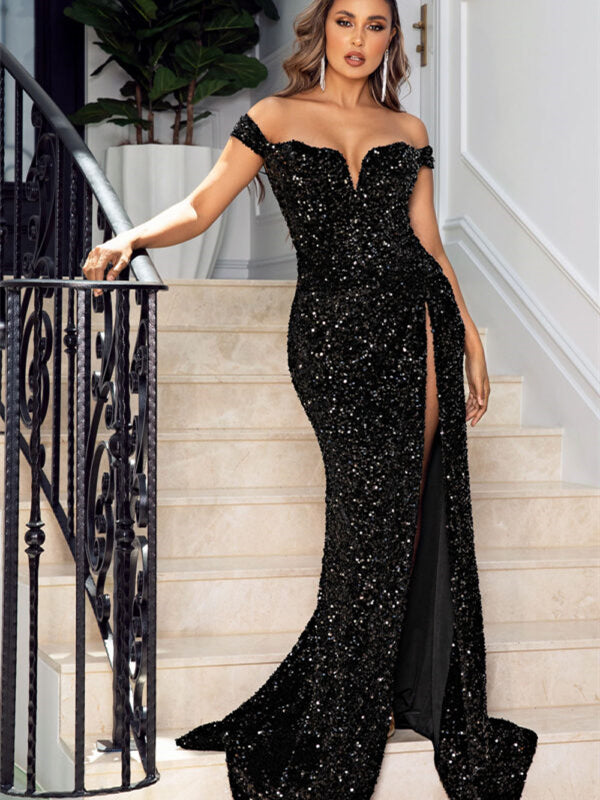 Off Shoulder Black Sequin Long Prom Dresses, Mermaid Prom Dresses, High Slit Prom Dresses, Shiny Prom Dresses, 2022 Prom Dresses