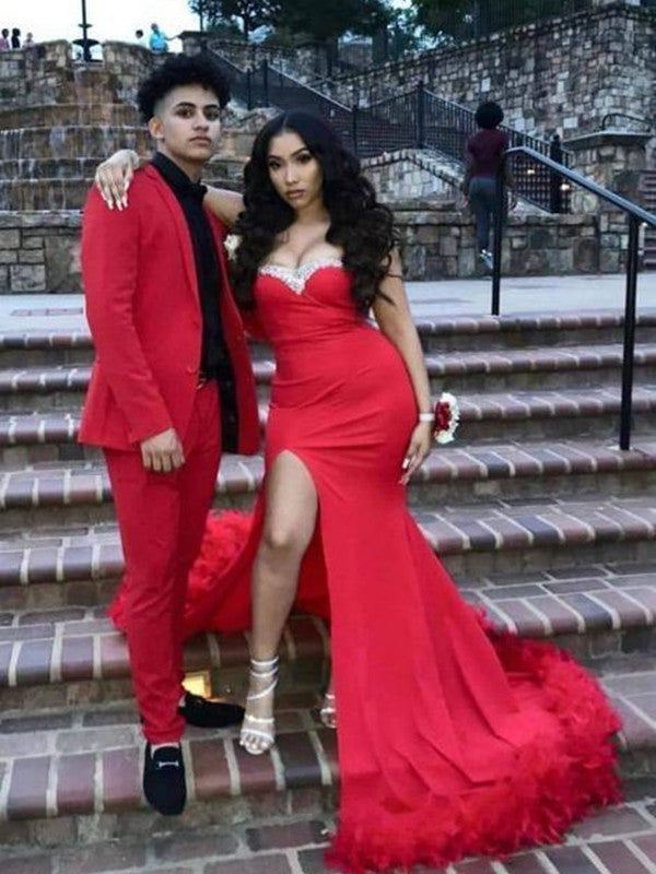 Red Color High Side Slit Long Prom Dresses, Sweetheart Newest 2021 Prom Dresses