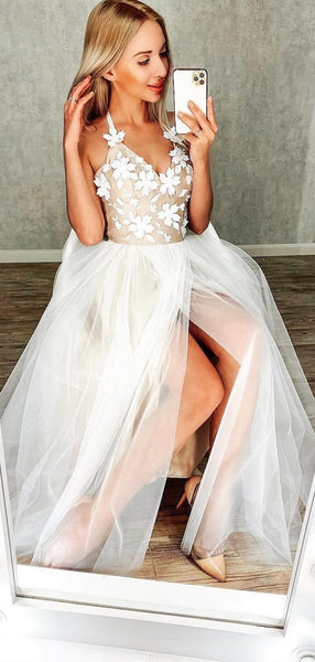 A-line Halter Appliques Long Prom Dresses, Appliques High Slit Tulle Prom Dresses 2021