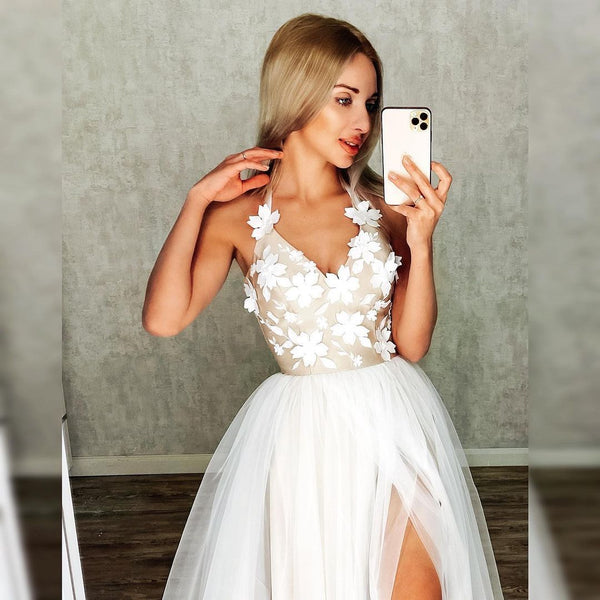 A-line Halter Appliques Long Prom Dresses, Appliques High Slit Tulle Prom Dresses 2021