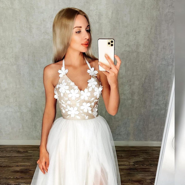 A-line Halter Appliques Long Prom Dresses, Appliques High Slit Tulle Prom Dresses 2021