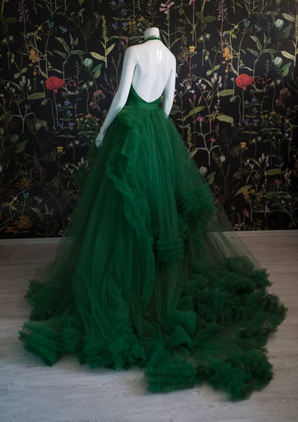 Halter Long A-line Green Tulle Prom Dresses, Ruffled Prom Dresses, 2021 Prom Dresses, Affordable Prom Dresses