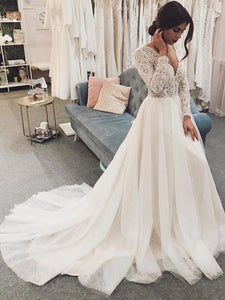 V-neck Lace Top Long Wedding Dresses, Long Sleeves Wedding Dresses, Bridal Gown