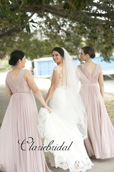 Newest V-neck A-line Chiffon Bridesmaid Dresses, Long Bridesmaid Dresses