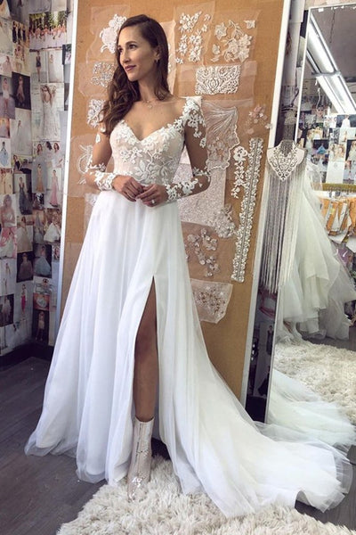 Long Sleeves Lace Wedding Dresses, Side Slit Wedding Dresses, Elegant 2021 Wedding Dresses