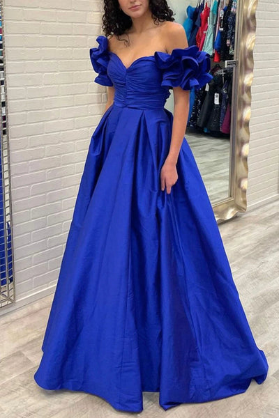 Royal Blue Satin A-line Prom Dresses, Ruffled Sleeves Prom Dresses, Popular 2022 Prom Dresses