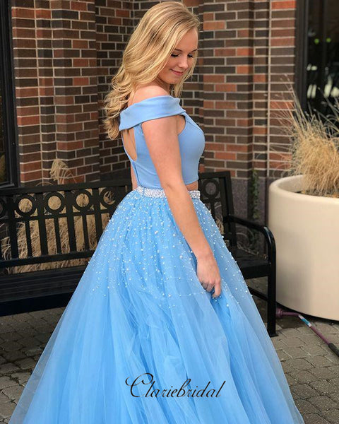 Sky Blue Fashion Off Shoulder Prom Dresses, 2 Pieces Beaded A-line Prom Dresses