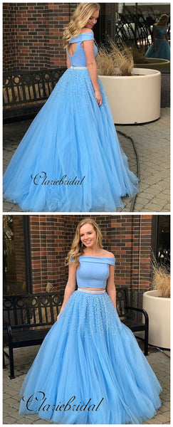 Sky Blue Fashion Off Shoulder Prom Dresses, 2 Pieces Beaded A-line Prom Dresses