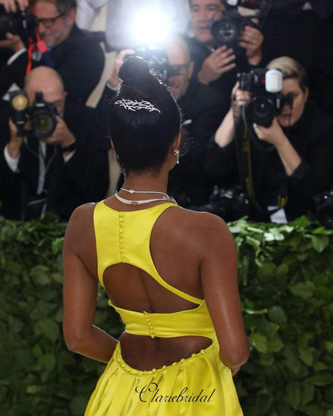 Yellow Unique Celebrity Prom Dress, Popular Satin Prom Dresses, V-neck Prom Dresses