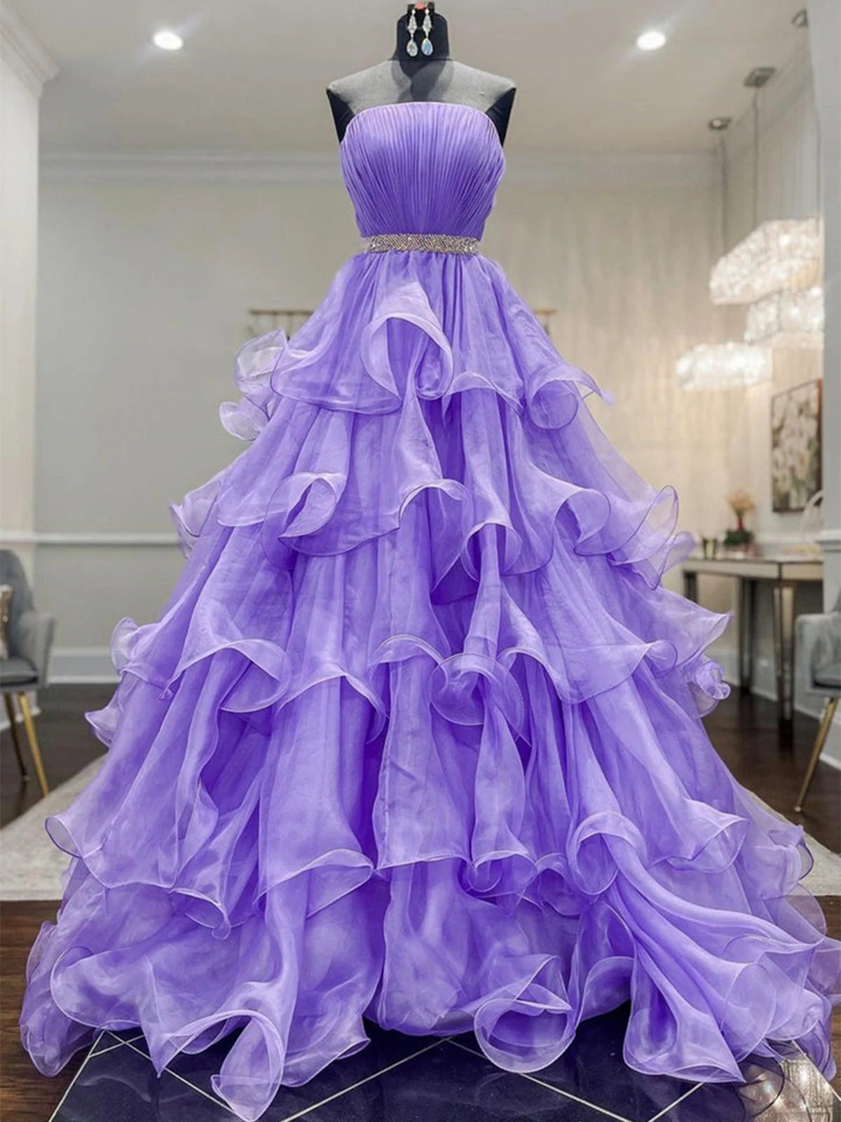 Purple Fluffy Organza Prom Dresses, Cake Prom Dresses, Gorgeous 2022 Long Prom Dresses
