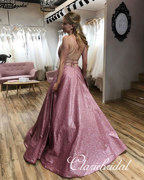 Lovely Pink Shemmering Fabric Long Prom Dresses, Sparkle Prom Dresses, 2020 Prom Dresses